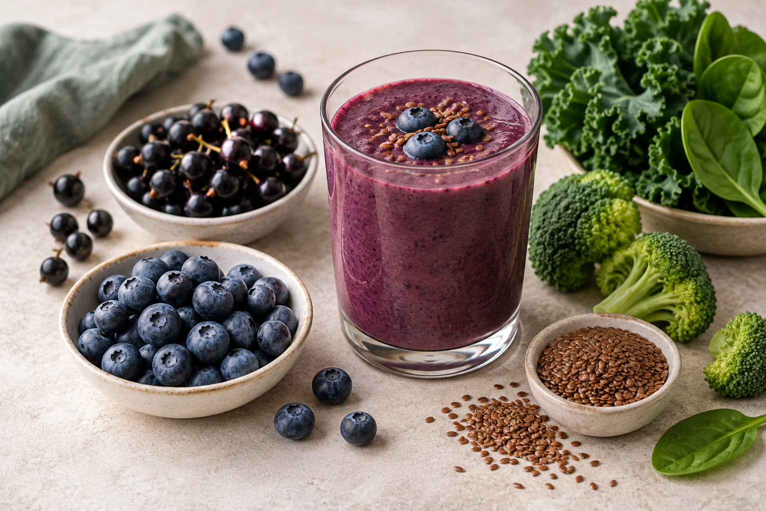 A berry smoothie surrounded by blueberries, blackcurrants, broccoli, leafy greens and flaxseeds